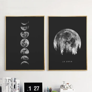 Minimalista Telihold Poszter Wall Art Fekete-Fehér Hold Fázisai Nyomatok Naprendszer Vászon Moduláris Kép, Festmény, Lakberendezési