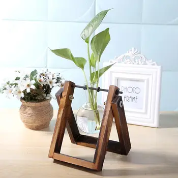 Üveg Váza Fából Készült Keret Hidroponikus Növény, Fa Tálca Vintage Virágcserép Táblázat Bonsai Asztal Dísz Store Dekoráció