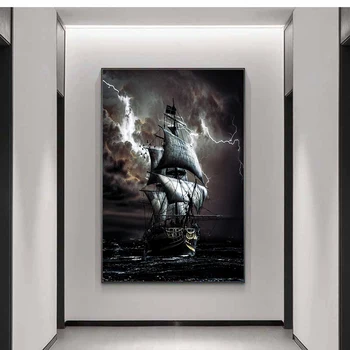 Kalóz Hajó A Tengeren Vászon Festmény Fekete Vitorlás Régi Poszterek, Nyomatok, érfal Képek Nappali Dekor Quadro