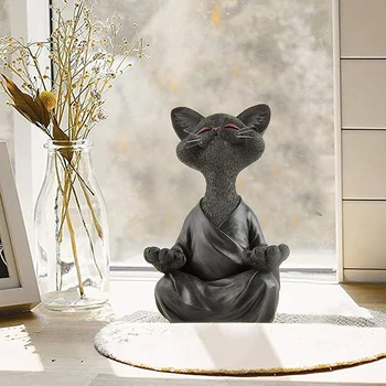Szeszélyes Fekete Buddha Macska Figura Meditáció, Jóga Gyűjthető Boldog Macska Dekoráció