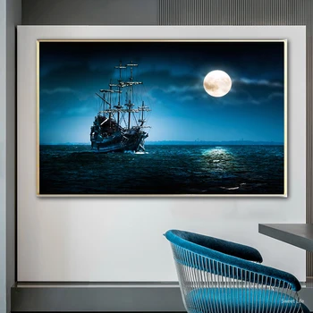 Északi Hold Éjszaka, Hajó, Tenger, Óceán Táj Wall Art a Vásznon Poszter Nyomtatás Vászon Festmény Kép Modern Nappali Berendezés