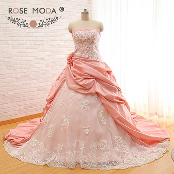 Rose Moda Blush Pink Peach Esküvői Ruha Vállnélküli Csipke Esküvői Ruhák Plus Size Csipke Vissza Valódi Fotók