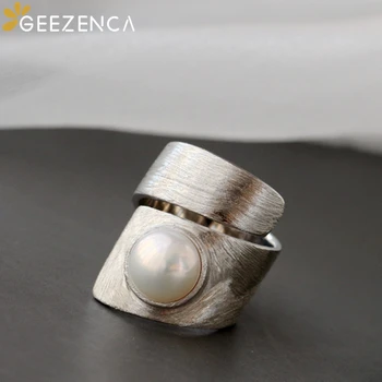 GEEZENCA 925 Sterling Ezüst Természetes Gyöngy, Nyitott Gyűrű A Nők Minimalizmus Tervező, Trendi, Menő Hiphop Átméretezhető Gyűrűk Jól Ékszer