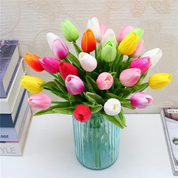 10db PU Mini Tulipán Mesterséges Virág Igazi Kapcsolatot Csokor Virág Hamis Virág Mesterséges Esküvői lakberendezési Hamis Virágok