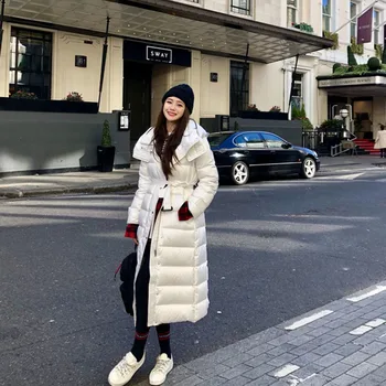 Új Női Kapucnis Kabát, Meleg Sűrűsödik 90% Fehér Kacsa Parka Kabát Női Hosszú Vékony Övvel Téli Hó Outwear Maximum