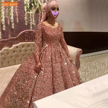 Szexi Rózsaszín Esküvői Ruhák 2020 Dubai Sequin Szikra Ball Ruha Arab Hosszú Ujjú Menyasszonyi Ruha Csipke Egyedi Köntöst, De Mariee