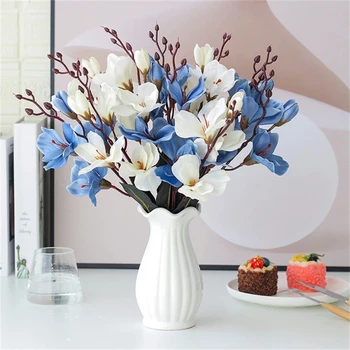 5Forks 20Heads Mesterséges Selyem Virág, Csokor Szimuláció Magnolia Növény Haza Nappali Dekoráció Esküvői Hamis Virágok 