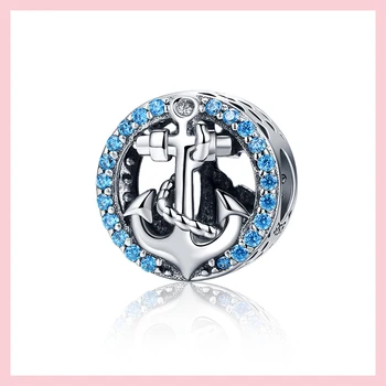Új 925 Sterling Ezüst Gyöngyök Csillogó Kék Horgony Varázsa Illik Eredeti Pandora Karkötő DIY Ékszer Készítés Ajándék