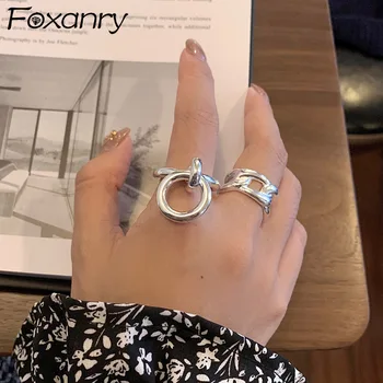 Foxanry 925 Sterling Ezüst Gyűrű Divat Egyszerű Üreges Mértani Medál Fél Kézzel készített Ékszerek, Ajándékok Nőknek