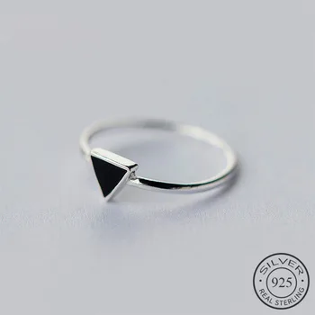 Igazi 925 Sterling Ezüst Geometriai Fekete Zománc Háromszög OL Állítható Gyűrű Minimalista Finom Ékszerek A Nők, Buli Ajándék