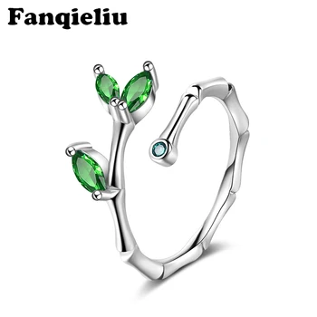 Fanqieliu Retro Etnikai Bambusz Levelek Zöld Kristály Gyűrű 925 Sterling Ezüst Gyűrű Női Állítható Nyitott Gyűrű FQL20162