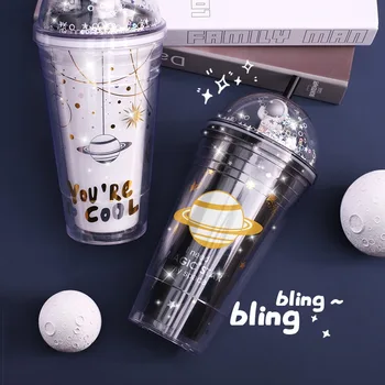 Űrhajós Műanyag pohár Szívószál, majd Fedő 480ml BPA Mentes Kettős Fal Felnőtt cumis Üveg Víz, Gyümölcslé, Bögrék Irodában, Iskolában, Otthon