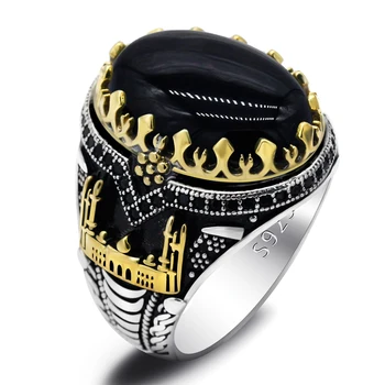 Fekete Természetes Achát Kő Gyűrű 925 Ezüst Férfi Gyűrű Vár török Konstantinápoly Kedvező Évjárat pecsétgyűrű Nyomon Esküvő