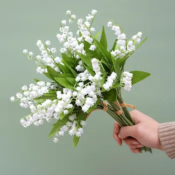 6db/csomag fehér Bellflower szép Gyöngyvirág, a Völgy, műanyag virágok hamis növények zöld levél lakberendezés