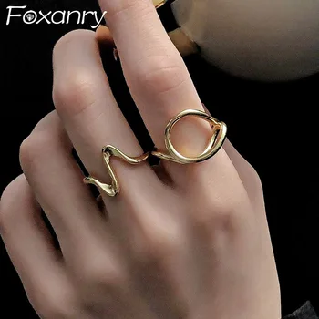 Foxanry Minimalista 925 Sterling Ezüst Hullámzó Vonalak Gyűrűk a Nők számára Új Divat Franciaország Aranyozott Geometriai Parti Ékszer Ajándék