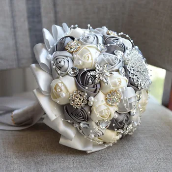 Legújabb szürke +Krém, Kézzel készült Virág, Strasszos Koszorúslány Kristály Menyasszonyi Esküvői Csokrok