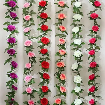 245CM Mesterséges Selyem Rózsa a Virágok Rattan String Szőlő, Zöld Levelekkel Haza, Esküvő, Kerti Dekoráció Lóg Garland Fal