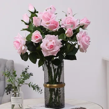 Szimulációs 3 Fej Érzem, Hidratáló Rózsa Nappali Hotel Esküvői Asztal Lakberendezési Hamis Artifical Virágok Kiváló Minőségű