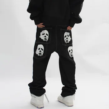 2021 Sötét Streetwear Fejét Portré Nyomtatás Fekete Retro Férfi Hip-Hop Farmer Nadrág Punk Stílus Egyenesen Farmer Nadrág Pantalon Homme