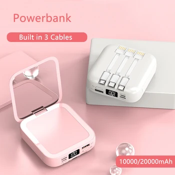 20000mAh Power Bank Micro USB-C Típusú Kábellel Hordozható Töltő Smink Tükör Powerbank iPhone 12 Samsung Xiaomi Poverbank