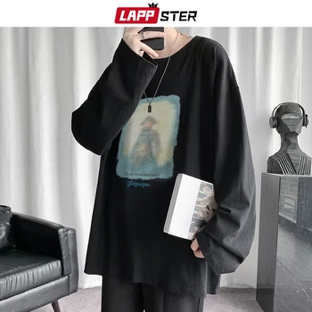 LAPPSTER Férfiak Harajuku Fuzzy Emberek Nyomtatás póló 2022 Férfi Streetwear Túlméretezett Vintage póló Férfi koreai Póló Ruházat