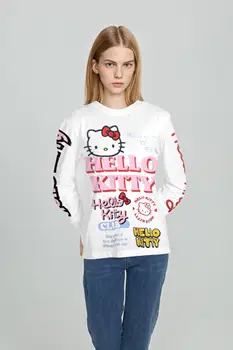 Hello Kitty Európai, illetve Amerikai stílus aranyos rajzfilm nyomtatási laza kerek nyakú pulóver aranyos macska hosszú ujjú póló 2022 új