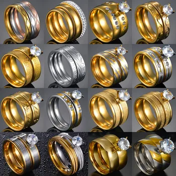 6mm x2 Romantikus Esküvői Gyűrű Szerető Fehér Cirkon Arany Színű Rozsdamentes Acél Pár Gyűrű Eljegyzési Parti Ékszer Ajándék