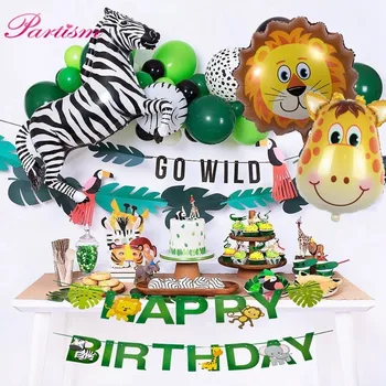 1Set Jungle Party Állat Boldog Szülinapot Banner Cupcake Toplisták Asztali Zöld Szám Lufi Baby Shower Safari Party Kellékek