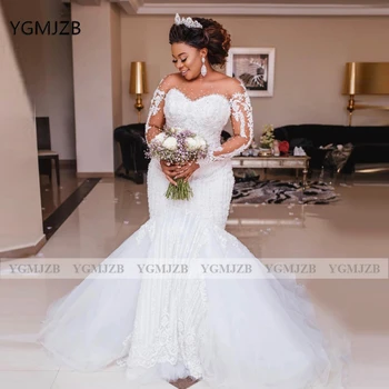 Afrikai Csipke Vintage Esküvői Ruhák Nőknek 2021 Hableány Hosszú Ujjú Gyöngy Puffadt Elegáns Fehér Menyasszonyi Esküvői Ruhák Plus Size