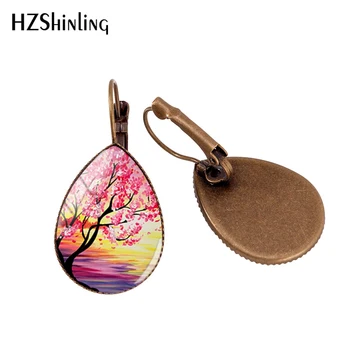 2021 Új Gyönyörű Fa Art Festmény Fül Klip Sakura Cseresznyevirág Csepp Fülbevaló Kézzel Készített Üveg Búra Ékszer Fülbevaló