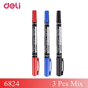 3PCS Deli 6824 Állandó jelző Kettős Tipp Pen 0,5 mm/1 mm, Fekete, Kék, Piros vízálló, Gyorsan Száraz Irodai Papíráru alkoholos filc
