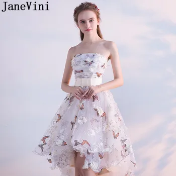 JaneVini Pillangó 3D Virágok, Virágos Hi-Lo Báli Ruhák Rövid Elülső Hosszú Hátsó pánt nélküli menyasszonyi Ruha Esküvő Party